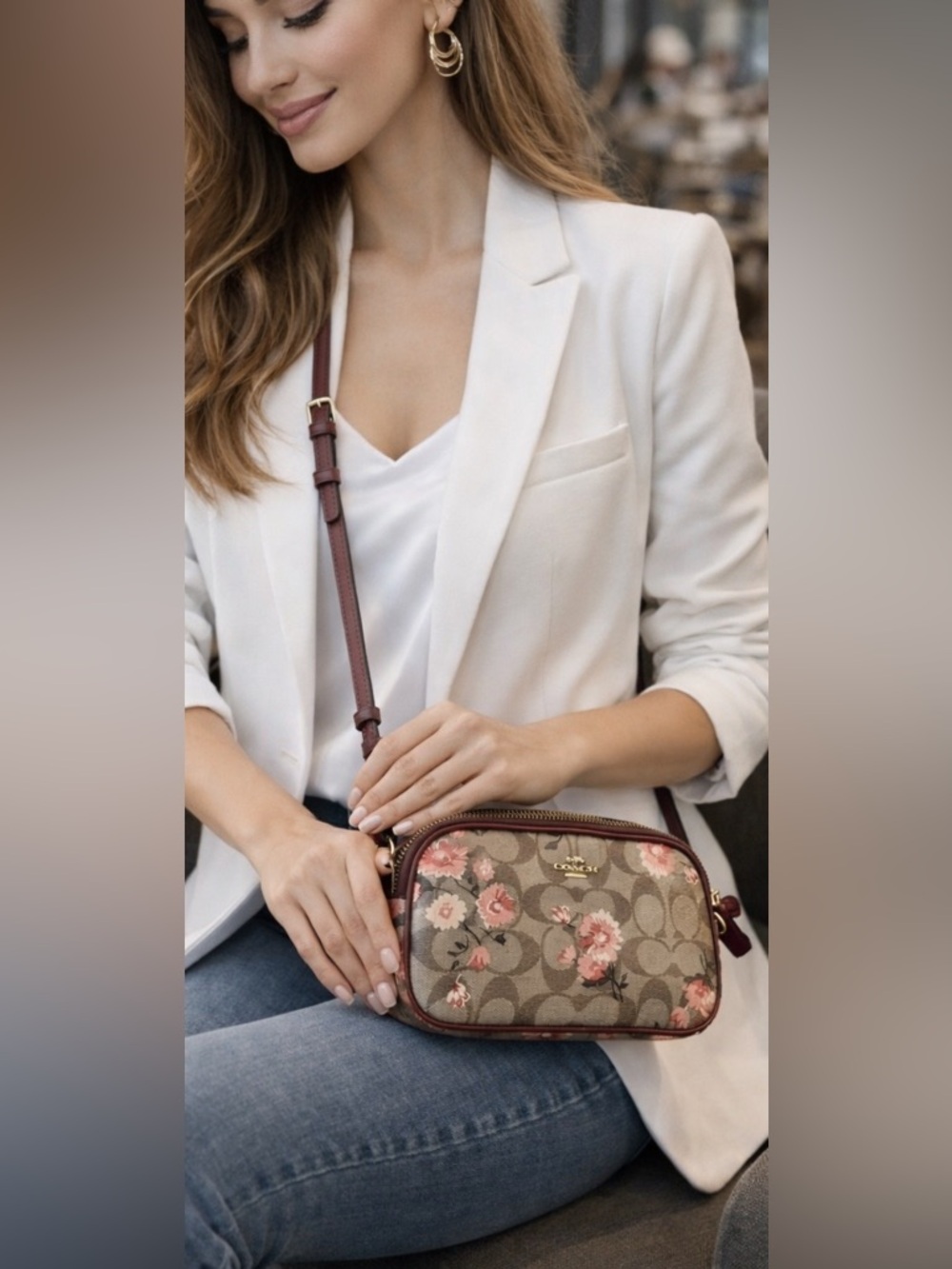 Coach Brown Signature Floral Crossbody with Pink Accents